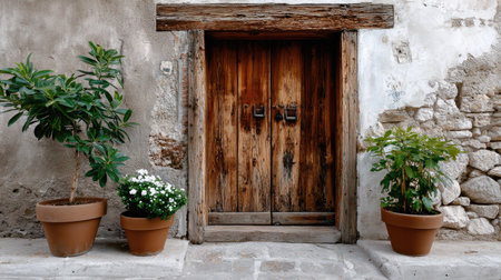 A picturesque scene featuring a rustic wooden door set against a stone wall, flanked by vibrant potted plants, evoking charm and tranquility.の素材