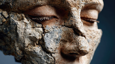 This striking close-up features a sculpted face with a richly textured, cracked surface. The serene expression and closed eyes evoke a sense of ancient artistry and emotional depth, capturing the essence of human representation in stone.の素材