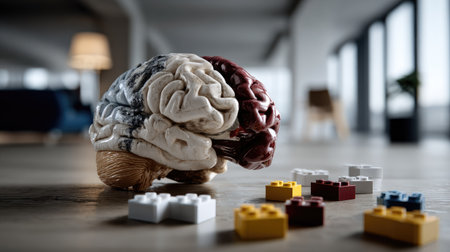 This unique image features a creatively designed brain made from LEGO blocks, showcasing artistic color contrast in a modern interior environment.の素材