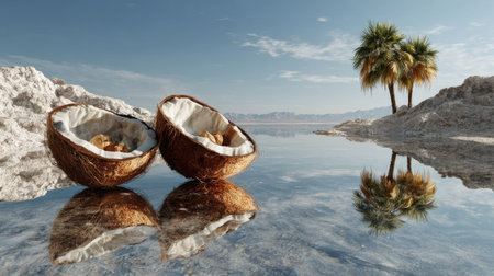 A tranquil landscape featuring open coconut shells on still water, reflecting a palm tree and blue sky, creating an exotic vacation atmosphere.の素材