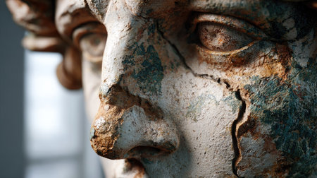 This image captures the intricate details of a weathered sculpture's face, showcasing its cracked surface and patina. Soft natural light enhances the texture and character of the artwork, evoking a sense of history and craftsmanship.の素材