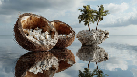 A captivating surreal beach scene featuring two large coconut shells filled with shells, paired with palm trees on a rocky outcrop, reflecting in calm waters.の素材