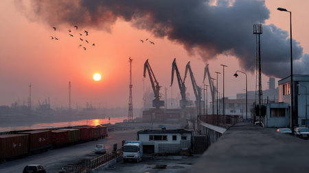 A striking industrial landscape showcases cranes silhouetted against a vibrant sunset, with smoke rising from factories and birds soaring above the water.の素材