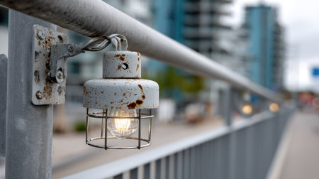 A vintage industrial light fixture hangs from a metal railing, showcasing its rusted texture against an urban backdrop, adding charm to the scene.の素材