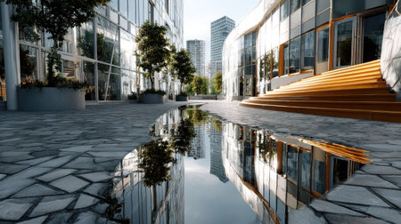 This image showcases a modern urban landscape featuring a reflective water pool amidst contemporary glass buildings, a striking visual of city life.の素材