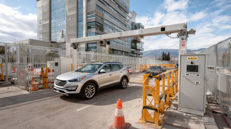 A modern vehicle navigates through a security gate at a corporate building, showcasing contemporary architecture and urban surroundings beneath a vivid sky.の素材