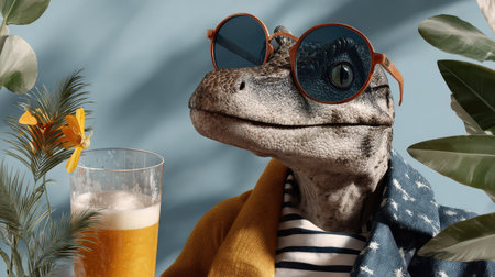 A charming reptile wearing stylish sunglasses enjoys a refreshing beer, surrounded by lush tropical elements, capturing a whimsical sense of summer leisure.の素材