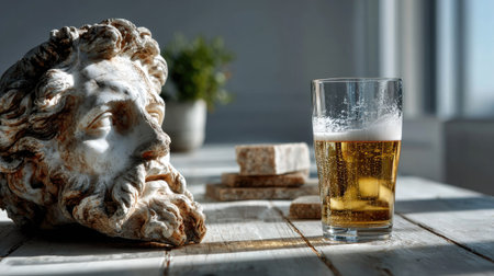 A serene composition featuring an ancient sculpture beside a glass of craft beer on a rustic table, beautifully illuminated by natural light.の素材