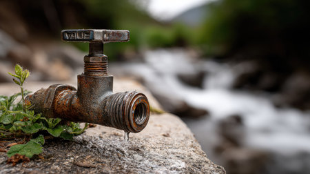 This image showcases a rusty water faucet with a droplet poised to fall, situated beside a gentle stream. Lush greenery adds vibrancy to the serene natural scene.の素材