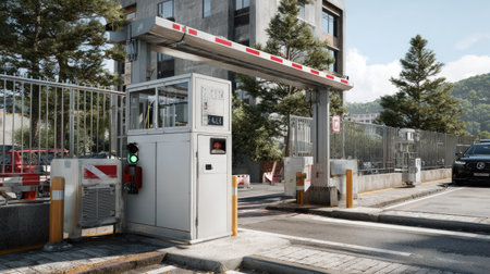 A detailed view of a modern gate control system featuring traffic lights and a security check area at an urban building entrance. The setup emphasizes safety and functionality.の素材