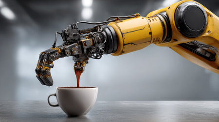 A robotic arm elegantly pours hot coffee into a white cup, showcasing advanced technology in a modern kitchen setting, perfect for innovation themes.の素材
