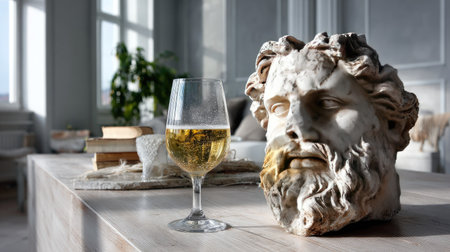 A beautifully arranged still life featuring a glass of white wine placed beside a classical marble statue, creating a serene atmosphere in an elegantly designed interior space.の素材