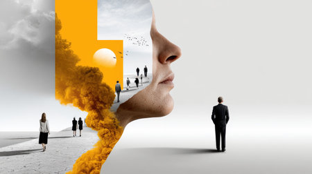 This conceptual artwork features a woman's profile, merging chaos and serenity through surreal landscapes. It evokes deep emotions and thoughts.の素材