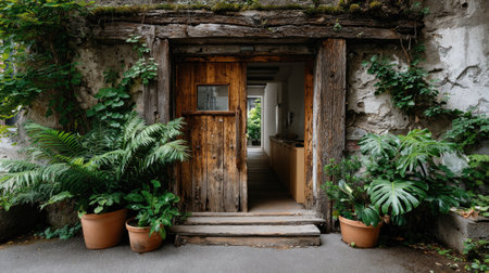 A captivating rustic doorway made of wood surrounded by lush plants creates a serene atmosphere, inviting nature indoors with charm and beauty.の素材