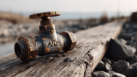 A close-up image featuring a rusty valve resting on a weathered wooden surface surrounded by pebbles, depicting a serene outdoor environment in soft light.の素材