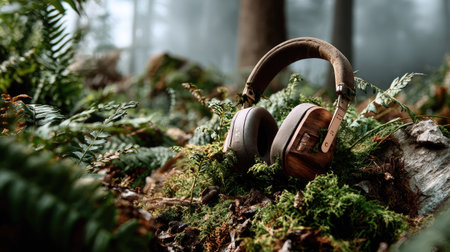 A pair of elegant headphones is placed gently on vibrant green moss in a serene forest, evoking a peaceful atmosphere and connection to nature.の素材