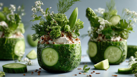 Eye-catching cucumber cups filled with creamy herb cheese, garnished with fresh herbs and edible flowers, perfect for healthy gatherings or culinary displays.の素材