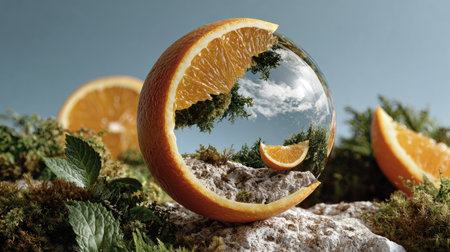 This captivating image showcases a unique orange sphere reflecting a serene outdoor scene, featuring lush greenery and a vibrant blue sky, creating a surreal and artistic representation of nature.の素材