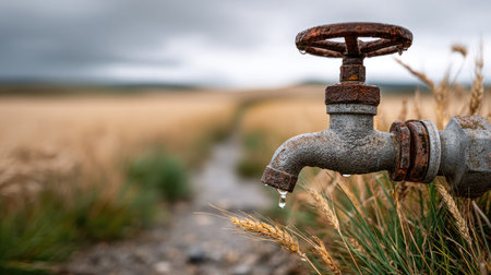 A weathered water faucet drips near a golden field under a moody, overcast sky. This image captures the beauty of nature and farming, conveying feelings of tranquility and rural life.の素材