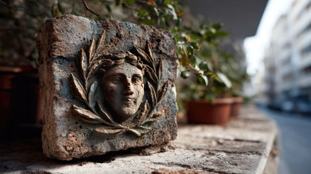 This captivating vintage relief sculpture features a female face encircled by laurel leaves, beautifully set on a weathered brick in an urban environment.の素材
