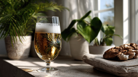 A beautifully crafted glass of refreshing beer sits on a cozy windowsill, accompanied by delicious cookies and vibrant indoor plants, capturing warmth and comfort.の素材