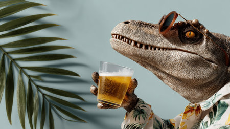 This fun image features a dinosaur character in a vibrant tropical setting, wearing sunglasses and a floral shirt, enjoying a refreshing beverage. Perfect for creative projects!の素材