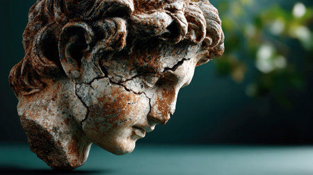 This captivating close-up features an ancient sculpture head, showcasing intricate cracks and textures. The soft green background enhances its vintage charm and artistic allure.の素材