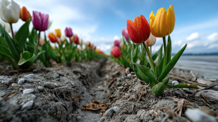 A beautiful view of a tulip field showcasing a variety of colorful flowers in bloom against a serene sky, ideal for celebrating springtime beauty.の素材