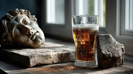 A glass filled with sparkling beverage sits beside an antique sculpture and stone, bathed in soft sunlight, creating a serene and elegant ambiance.の素材