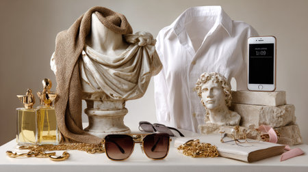 A stylish arrangement showcasing fashion accessories, elegant decor, and a modern smartphone, blending classic and contemporary aesthetics.の素材