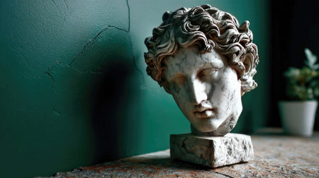 A stunning marble bust with intricate curly hair sits on a rustic surface. The dark green wall enhances the elegant artistry, creating a serene ambiance.の素材