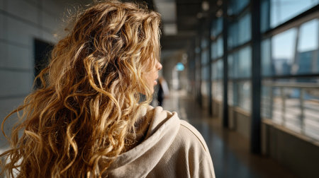 A young woman with beautiful curly hair walks through a stylish hallway bathed in bright natural light, showcasing modern architecture and a sense of exploration.の素材