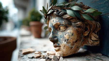 This captivating image features an ancient sculptural fragment of a head adorned with a laurel wreath, surrounded by rustic elements, evoking a timeless connection to history and art.の素材