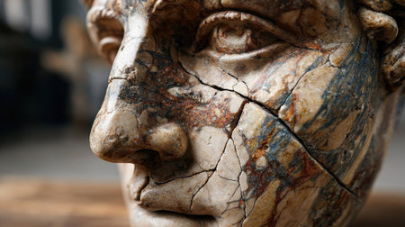 A captivating close-up view of an antique marble sculpture showcasing intricate details, unique patterns, and visible cracks that emphasize its artistic craftsmanship.の素材