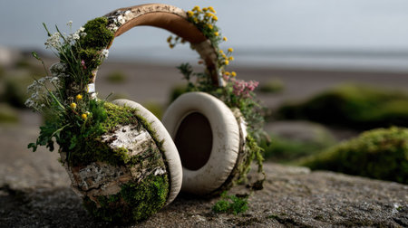 Unique headphones creatively designed with natural elements like flowers and moss, resting on a tranquil beach, evoking relaxation and harmony with nature.の素材