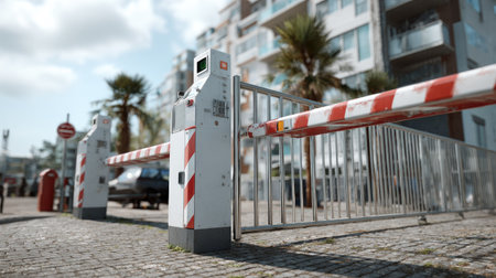 A modern vehicle access barrier system stands at the entrance of a residential complex, showcasing an automated solution alongside palm trees.の素材