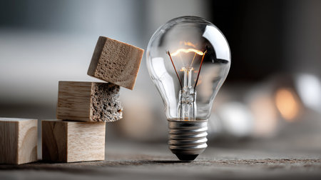 This captivating image features a vintage light bulb glowing beside neatly stacked wooden blocks on a rustic surface, symbolizing creativity and innovation.の素材