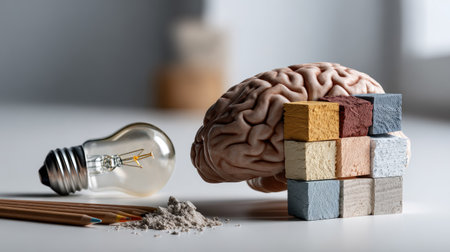 This image features a brain next to colorful blocks and a light bulb, symbolizing creativity and cognitive processes in a creative workspace setting.の素材