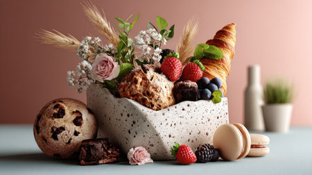 An appealing arrangement of baked goods featuring cookies, croissants, assorted berries, and fresh flowers in a decorative bowl, perfect for indulgence.の素材