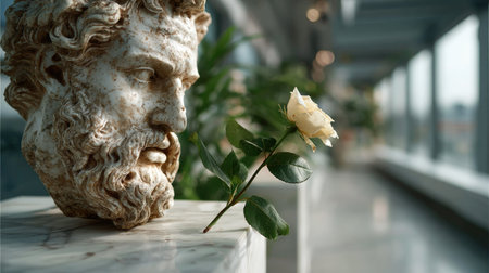 This striking image features a bust of an ancient philosopher alongside a delicate white rose, set in a modern interior. The elegant contrast between the historical sculpture and contemporary surroundings evokes a sense of tranquility and deep thought.の素材