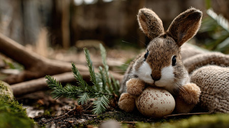 A charming rabbit cradles a speckled egg in its paws, surrounded by lush greenery and rustic elements, creating a serene springtime atmosphere.の素材