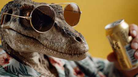 A playful lizard wearing stylish sunglasses, holding a beverage, exudes a relaxed summer vibe in a vibrant tropical setting, inviting joy and humor.の素材