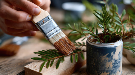 A close-up image showcasing a hand carefully painting brown on vibrant green leaves with a brush, set in a rustic wooden environment. Perfect for creative projects.の素材