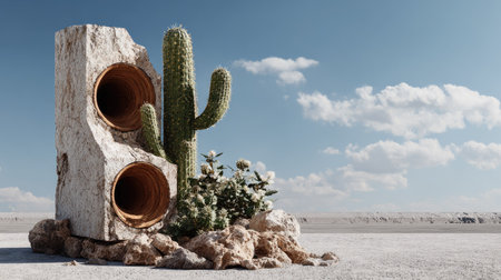 A striking desert landscape featuring a lively cactus and unique stone sculptures, creating an artistic composition under a blue sky with distant clouds.の素材