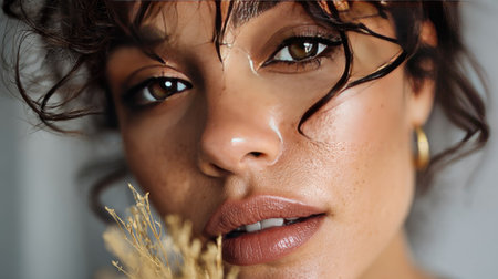 A stunning close-up portrait of a young woman with curly hair, showcasing her natural beauty and soft features while holding delicate dried flowers.の素材