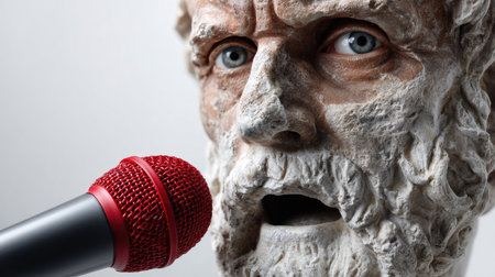 The image features a striking ancient statue with a microphone, merging classical artistry with contemporary communication. This unique contrast sparks ideas of wisdom and modern expression.の素材