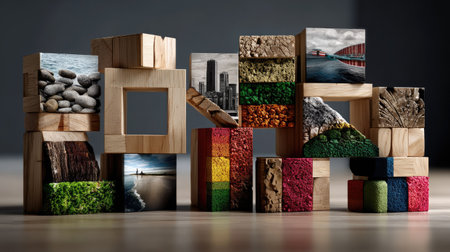 A set of colorful wooden building blocks featuring nature textures and urban imagery, ideal for enhancing creativity, play, and learning in children.の素材