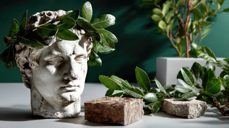 A classic sculptural head adorned with a laurel wreath, set against a rich green background, highlighting natural elements and textures for aesthetic appeal.の素材