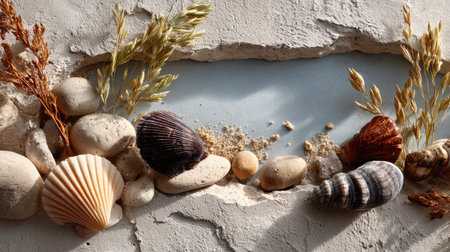 A serene arrangement of various shells, pebbles, and dried grasses showcases the beauty of coastal elements against a textured concrete backdrop.の素材