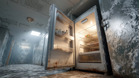 A detailed view of an abandoned refrigerator in a frosty hallway, showcasing ice build-up, dim lighting, and an eerie atmosphere that intrigues viewers.の素材